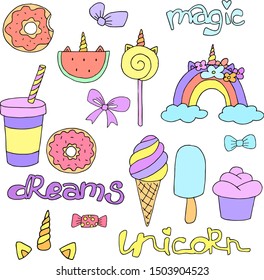 Set of sweets and decorations for the holiday in light pastel colors with black contour. Drawn by hand for kids design
