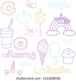 Set of sweets and decorations for the holiday like contour in line. Drawn by hand for kids design
