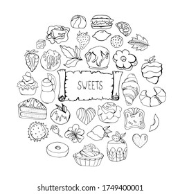 A set of sweets for the design of a site or store . Vector isolated illustration with cakes, cupcakes, sweets in Doodle style. Cartoon style. Design of ads, websites, and banners. An isolated element.
