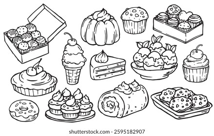 Set of sweets, desserts, cakes and chocolate. Vector illustration in doodle style	