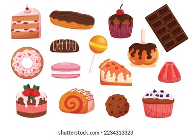 Dulces y postres aislados en fondo blanco. Pastel, Muffin, Macarón, Donut O Pie Con Vela De Chocolate O Galleta. Lollipop, Roll Pastry, Panadería Y Confección. Ilustración del vector de dibujos animados