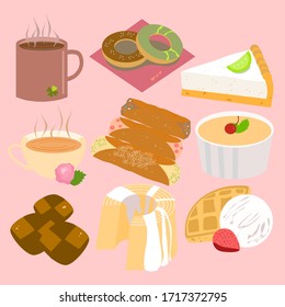 Set Of Sweets Desserts Lemon Pie, Cannoli, Creme Brulee, Chocolate, Strawberry, Angel Food Cake, Ice Cream, Waffle, Cookie Isolated Vector Dessert Icons