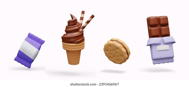 Set of sweets of different types. Realistic candy, ice cream, cookie, chocolate bar. Unlabeled wrappers, place for promotional logo, brand name. Isolated illustrations for categories of sweets shop