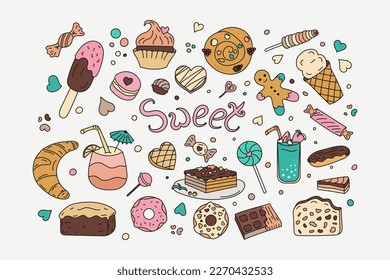 Establece el color del doodle de los dulces. Ilustración vectorial. Dulces, helados, chocolate, pasteles, cócteles. Ilustración dibujada a mano para el paquete de emoticones, portada, postales, impresión, medios sociales, icono, scrapbooking.