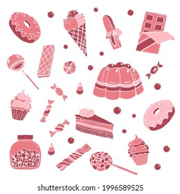 Set of sweets in doodle style on white background. Vector illustration.