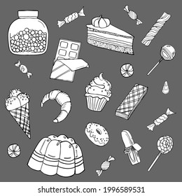 Set of sweets in doodle style on grey background. Vector illustration.