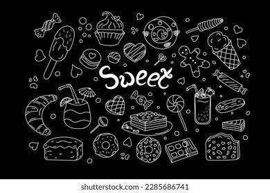 Legen Sie Süßigkeiten doodle. Weiße Linie auf Schwarz. Vektorgrafik. Essen Süßigkeiten, Nachtisch, Schokolade, Kuchen. Handgezeichnete Illustration für Aufkleberpackung, Umschlag, Postkarten, Druck, soziale Medien, Symbol, Scrapbooking