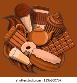 set of sweets with doodles on abstract background, vector illustration