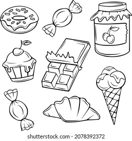 set of sweets drawings. Ice cream, donut, croissant, candy, jam, chocolate and muffin