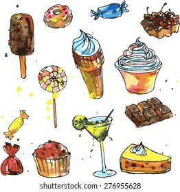 set of sweets, drawn by watercolor, fast foods, design elements,  vector illustration