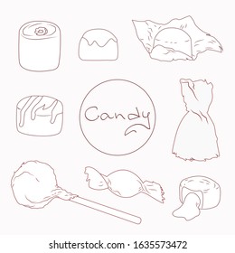 Set of sweets drawn in vector. One line drawing. Sketch. doodles. Isolated contour on a white background.