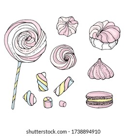 Set sweets elements isolated on white background. Set illustration with marshmallow and sweets. 