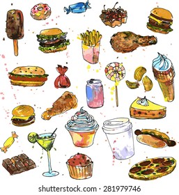 set of sweets and fast food, drawing by watercolor, menu elements sketch, hand drawn vector illustration