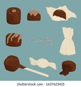A set of sweets. Flat cartoon style. Vector. Chocolates and candies.