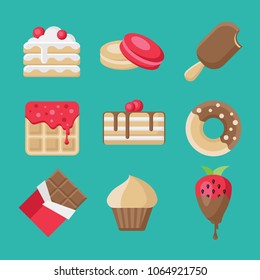 Set of sweets flat icons isolated on blue background. Collection of cake, macaroon, ice cream, donut, chocolate bar, cupcake, wafers, strawberries in chocolate in flat style.