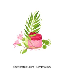Set of sweets with flowers. Cake with raspberry berries. Vector illustration on white background.