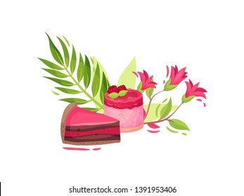 Set of sweets with flowers. Piece of double-layer cake and a raspberry cupcake. Vector illustration on white background.