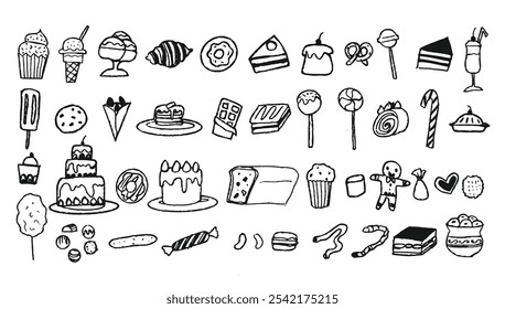 Set von Süßigkeiten Lebensmittel-Icons. Silhouette Linie für Süßwarengeschäft, Konditorei, Bäckerei, Café, Restaurant, Süßwaren. Desserts zum Geburtstag, Urlaub, Party. Illustrationen für das Menü. Kinderähnliche Zeichnung von Süßigkeiten