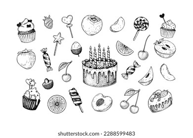 Set of sweets and fruits. Birthday cake and other treats for children. Hand drawn vector illustration in sketch style