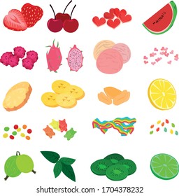Set of sweets and fruits. Nuts and candies. Marmalade and berry. Additives to tea, coffee and desserts.
