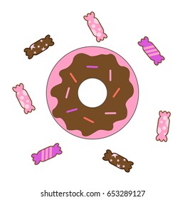 Set of sweets from a glazed donut in chocolate and candy. Vector illustration.