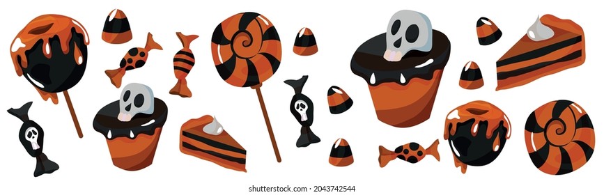 A set of sweets for Halloween. Caramel apple, pumpkin pie, packaged sweets, cupcakes, lollipops. Orange, black palette. Autumn. Vector illustration for the holiday. Trick and treat.