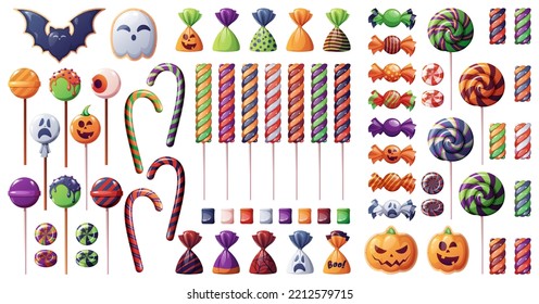 A set of sweets for Halloween. Cookies in the form of a ghost, a bat, a pumpkins. Sweet candies and lollipops with a spiral pattern in Halloween style
A set of sweets for Halloween. Cookies 