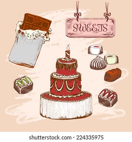 Set of sweets. Hand drawn graphic illustration