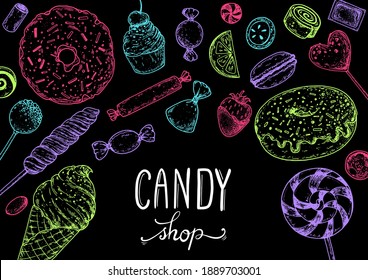 Set of sweets. Hand drawn vector illustration. Candies set. Vector illustration in neon style. Sketch illustration.