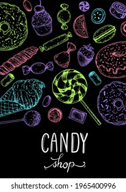 Set of sweets. Hand drawn vector illustration. Candies set. Vector illustration in neon style. Sketch illustration.