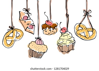 set of sweets hanging on ribbons