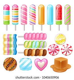 Set of sweets - hard candy, dragee, lollipop, toffee, jelly, peppermint candy, chocolate, popsicle caramel lemon candy vector illustration
