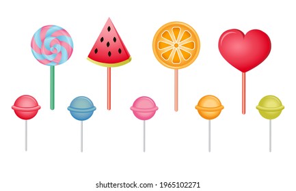 Set of sweets – hard candy, lollipop. Delicious food dessert.
Unhealthy eating.