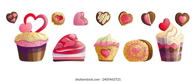 Set of sweets with hearts for Valentine's Day, cookie cakes and pastries for the February 14th holiday, illustrations in a flat cartoon style.