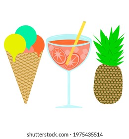 set of sweets: ice cream with balls in a waffle cone, cocktail with orange and a straw on a long leg, and pineapple with green foliage. isolated on white background