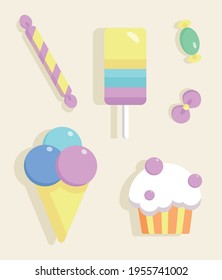 set of sweets, ice cream, candy and cupcake, colorful desserts, flat vector graphics