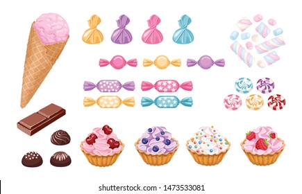 Set of sweets. Ice cream, cupcakes with berries, сandies in color wrappers, marshmallows and chocolate isolated on white. Vector illustration of desserts in cartoon simple flat style.