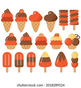 Set of sweets. Ice cream and cupcakes on a white background. Strawberry and chocolate. Vector illustration. 