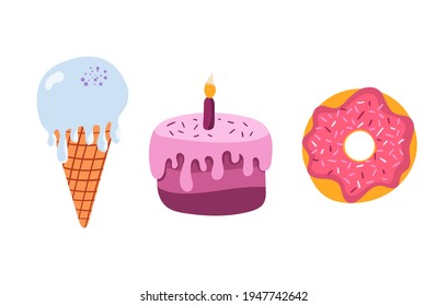 A set of sweets, ice cream, a donut and a birthday cake with icing, isolated on a white background. Cute, colorful, children's vector illustration for posters, postcards, pajamas, T-shirts