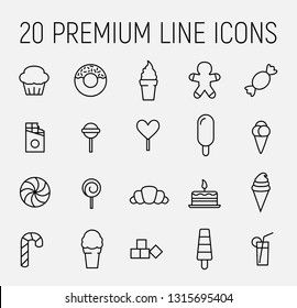 Set of sweets icons in modern thin line style. High quality black outline candy symbols for web site design and mobile apps. Simple linear sweets pictograms on a white background.