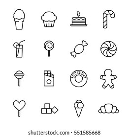 Set of sweets icons in modern thin line style. High quality black outline candy symbols for web site design and mobile apps. Simple linear sweets pictograms on a white background.