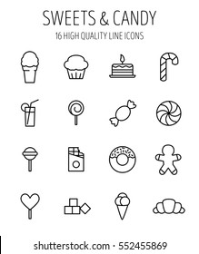 Set of sweets icons in modern thin line style. High quality black outline candy symbols for web site design and mobile apps. Simple linear sweets pictograms on a white background.