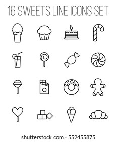 Set of sweets icons in modern thin line style. High quality black outline candy symbols for web site design and mobile apps. Simple linear sweets pictograms on a white background.