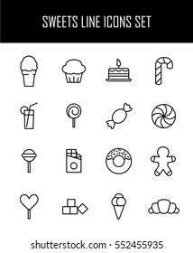 Set of sweets icons in modern thin line style. High quality black outline candy symbols for web site design and mobile apps. Simple linear sweets pictograms on a white background.