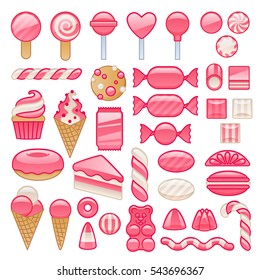 Set of sweets icons in pink and creamy colors - marshmallow gummy bear hard candy dragee jelly bean peppermint candy donut ice cream macaron cupcake lollipop vector illustration. Simple glossy style.