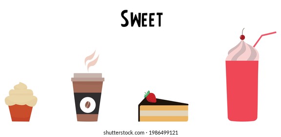 Set of sweets.  image of coffee, slice of cake, milkshake and cupcake.