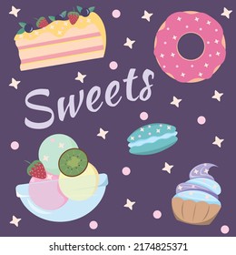 Set of sweets. Includes a piece of yellow strawberry and blueberry cake, a pink donut, a blue macaron, ice cream and a cupcake on a purple background with stars and circles. Flat design.