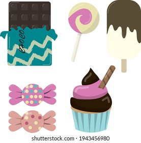 Set of sweets including cupcake, muffin, candy, lollipop, chocolate bar, and ice cream. Tasty, sugary, chocolate, whipped cream cupcake