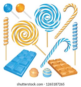 Set of Sweets Isolated on White Background. Lollipops, Chocolates and Candies in Blue and Orange. Vector Low Poly Realistic Illustration.