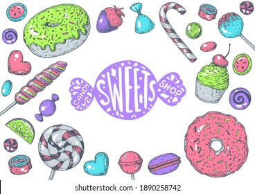 Set of sweets. Isolated on white background. Hand drawn vector illustration. Colorful candies set. Yummy colorful sweet